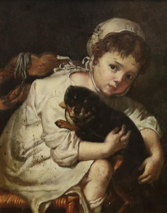 A reproduction simulated oil of a child and dog, 24 x 19cm